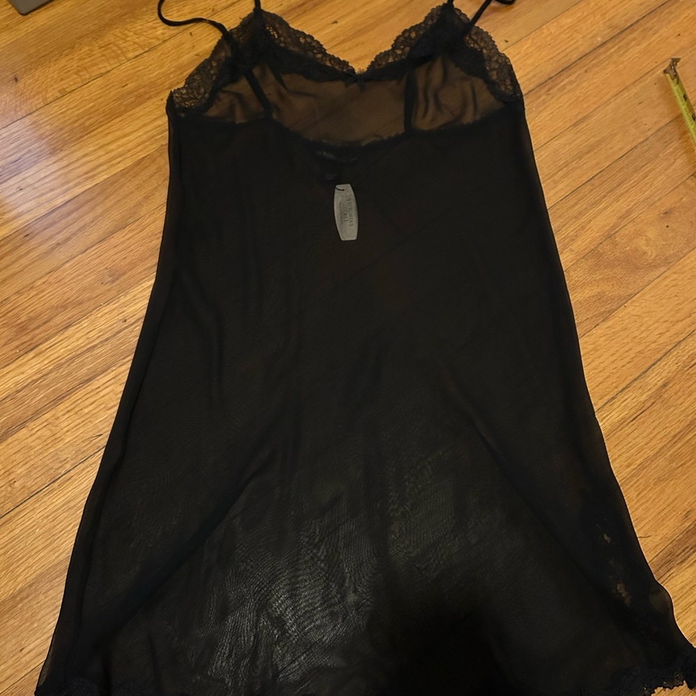 Elegant Black Mesh Nightgown with Lace Trim NWT